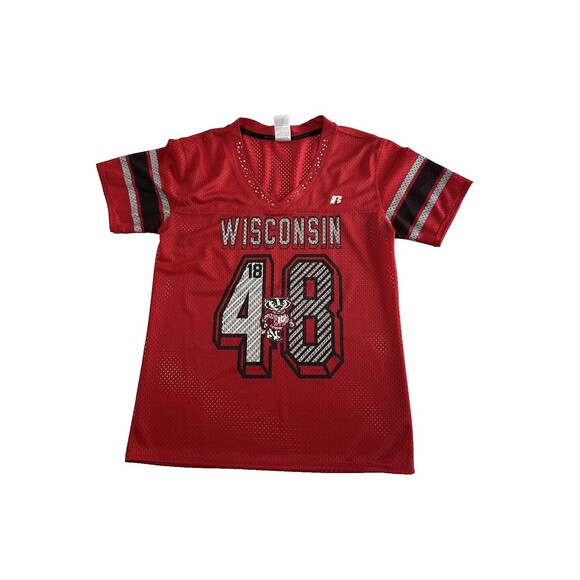 Wisconsin Badgers Womens Medium Jersey Shirt w/Rhinestones v neck Russell - Picture 1 of 8